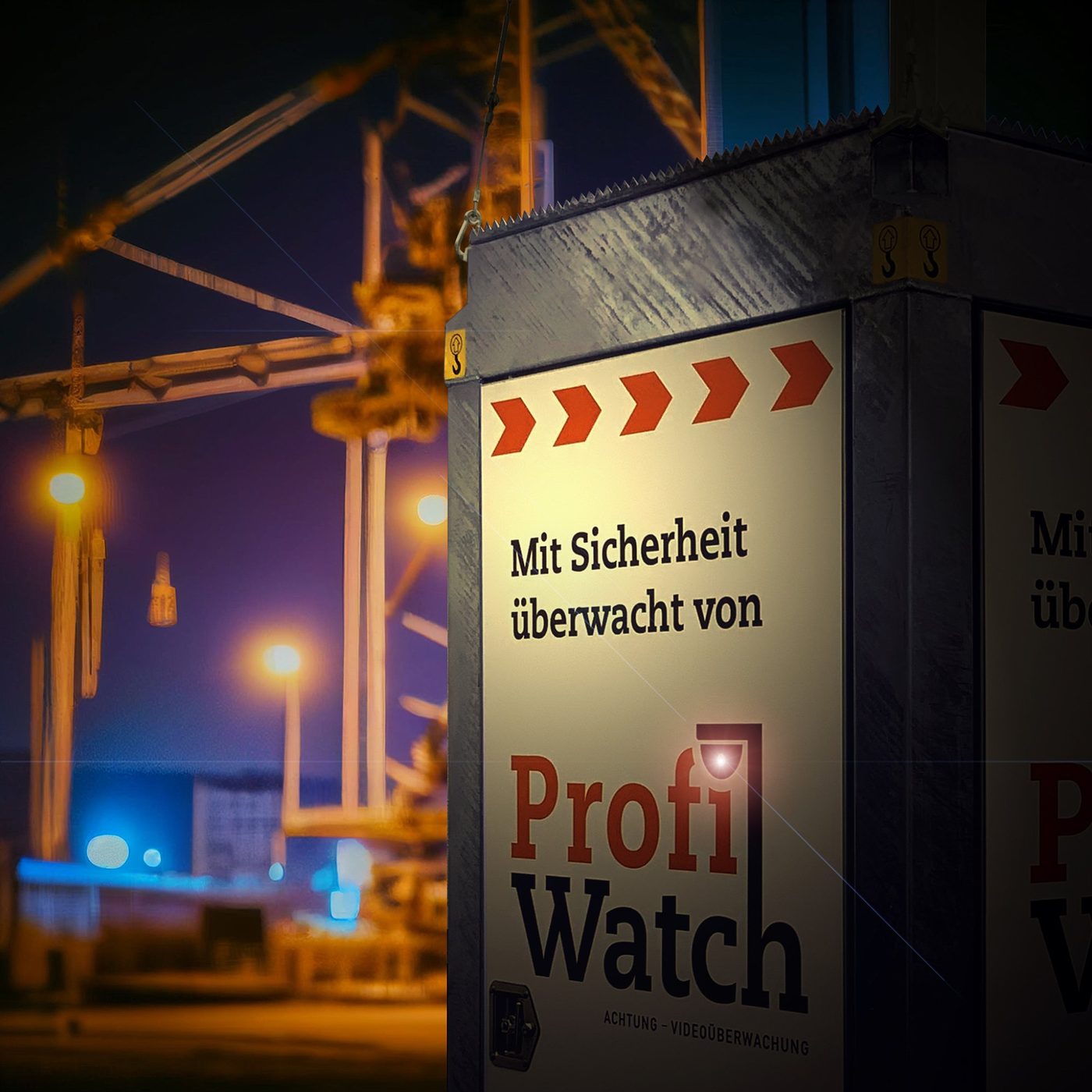 ProfiWatch Überwachungsturm bei Nacht auf Baustelle